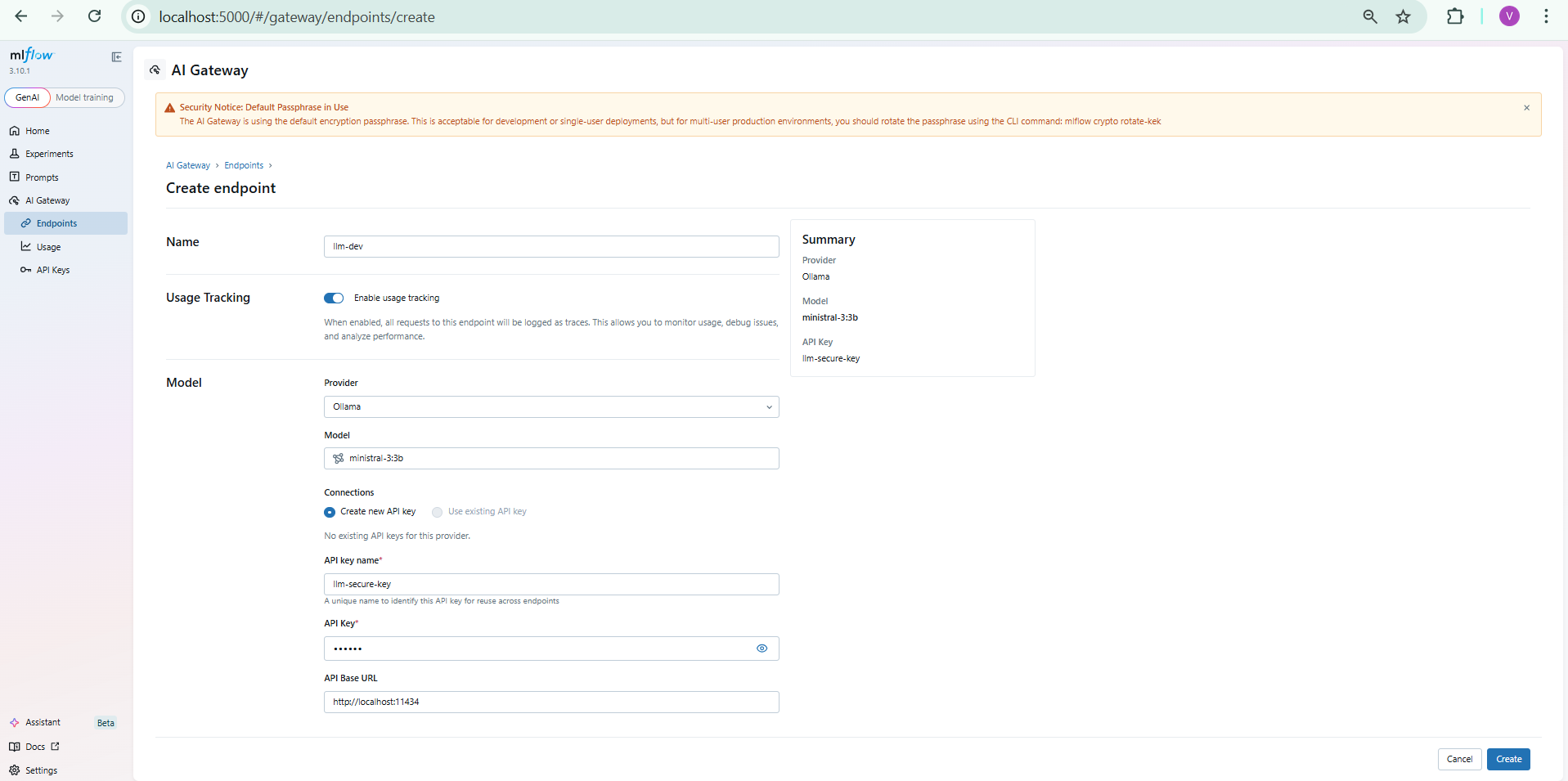 create endpoint config